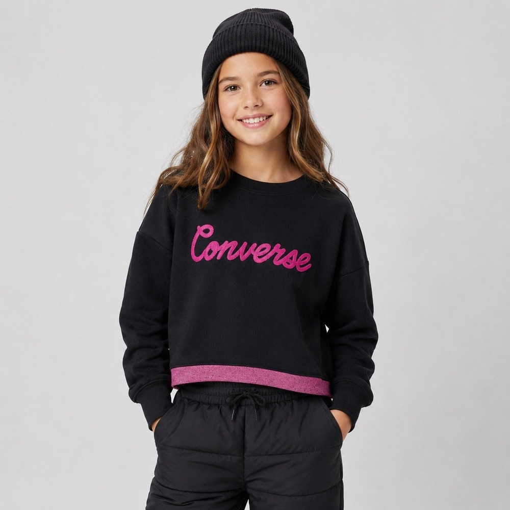 Converse Kids Black Long Sleeve‎ Glitter Trim Crew Neck Sweatshirt Size M